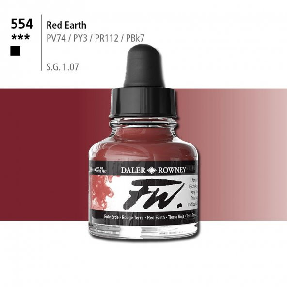 Daler Rowney Fw Acrylic Artisits Ink 29.5 ml Damlalıklı Cam Şişe Red Earth 554 ürün görseli 1