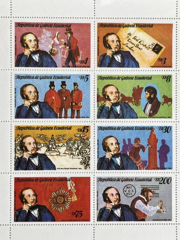 Sir Rowland Hill Londra Temalı Ekvator Ginesi Damgasız 8'li Blok Pul - Resim 4