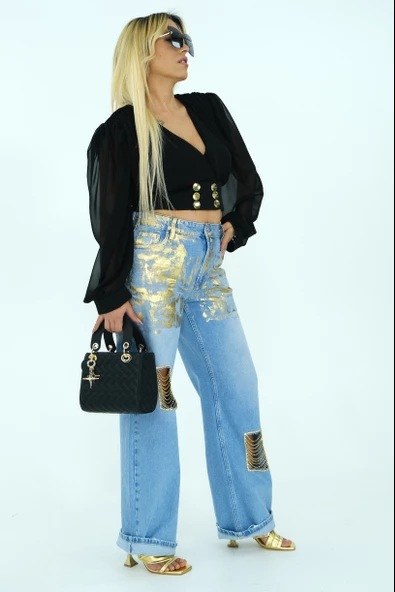 MAVİ GOLD ZİNCİR DETAYLI TASARIM MOM JEAN - 3