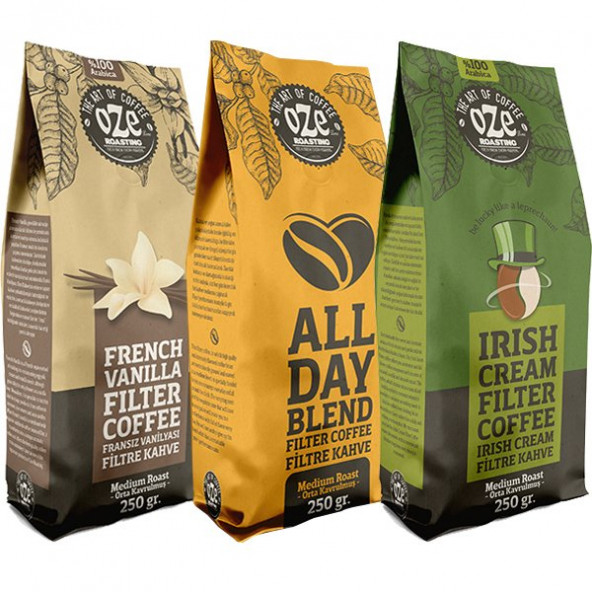 Aromalı Filtre Kahve Tanışma Seti Irish Cream, All Day Blend, Vanilya 3'lü 250G