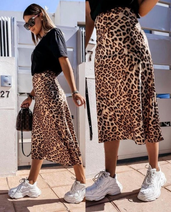 Kadın Mikro Kumaş Leopar Desen Midi Boy Etek