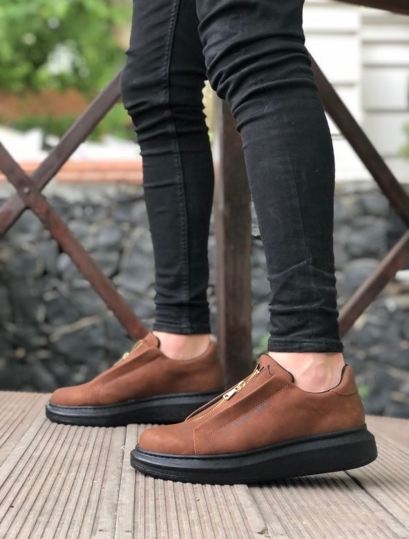 BA0310 BOA Kalın Yüksek Taban Fermuarlı Taba Siyah Erkek Ayakkabı - Resim 2