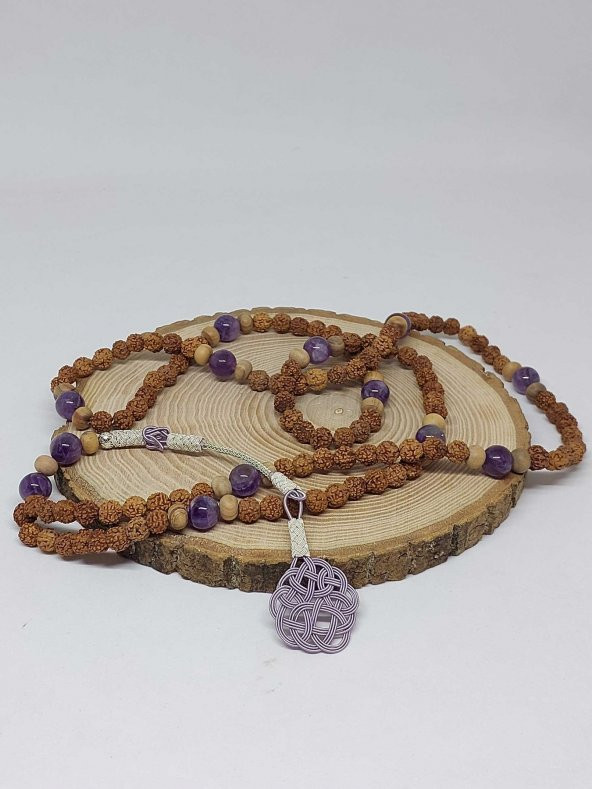 Rudraksha Tohumlu Ametist Taşlı 108lik El Yapımı Bakır Kazazlı Mala Kolye - 2