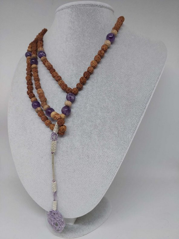 Rudraksha Tohumlu Ametist Taşlı 108lik El Yapımı Bakır Kazazlı Mala Kolye - 3