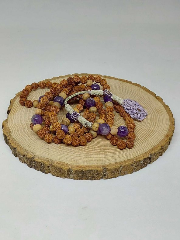 Rudraksha Tohumlu Ametist Taşlı 108lik El Yapımı Bakır Kazazlı Mala Kolye - 4