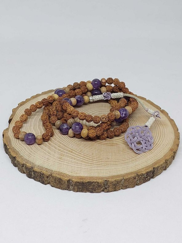 Rudraksha Tohumlu Ametist Taşlı 108lik El Yapımı Bakır Kazazlı Mala Kolye - 5