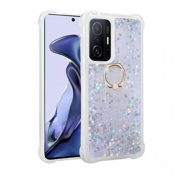Xiaomi Mi 11T Pro 5G Kılıf Sıvılı Simli Pullu Yüzüklü Standlı Lüx Silikon - 6