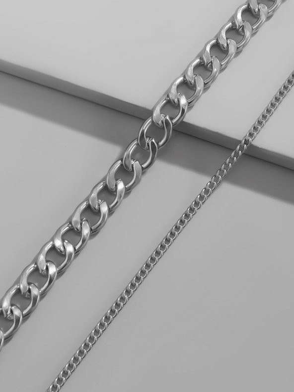 Gümüş Rengi Gerdanlık Kolye Unisex Katlı  Cadena Kolye - Resim 2