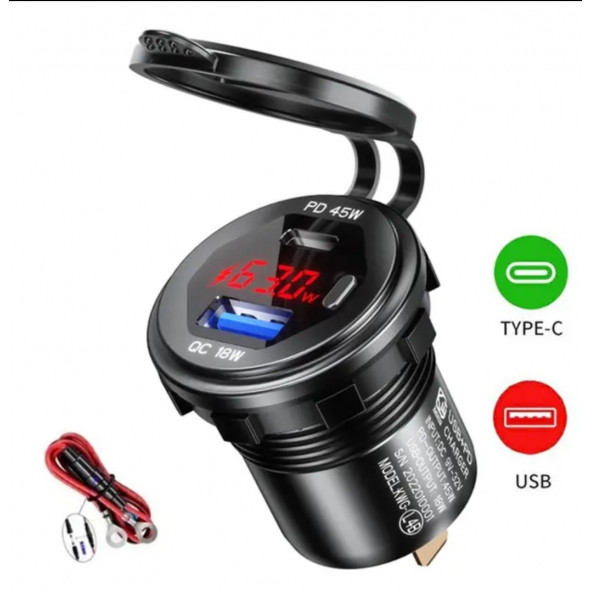 12-24volt Araç/tekne/motosiklet için (Quick) Hızlı Şarj Voltmetre Usb/Type C Portlu Kırmızı Işık