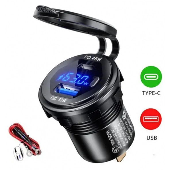 12-24volt Araç/tekne/motosiklet için (Quick)hızlı Şarj Voltmetre Usb/Type C Portlu Mavi ışık