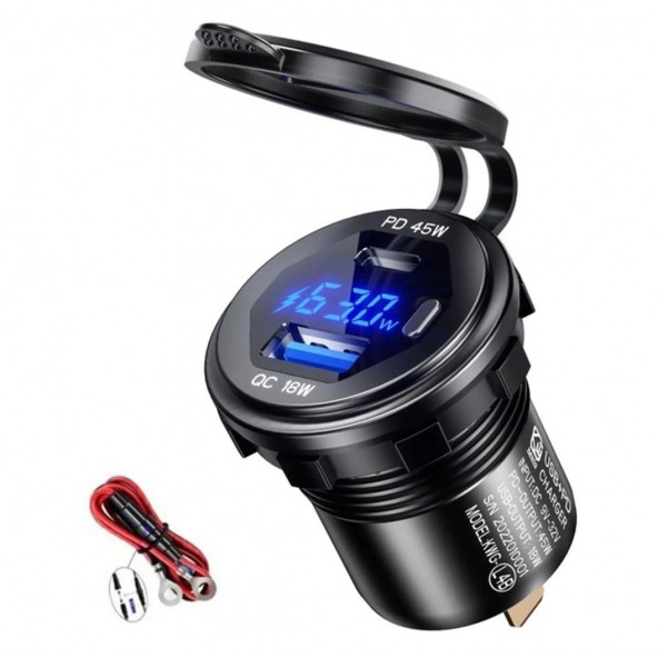 12-24volt Araç/tekne/motosiklet için (Quick)hızlı Şarj Voltmetre Usb/Type C Portlu Mavi ışık - 2