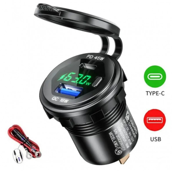 12-24volt Araç/tekne/motosiklet için (Quick)hızlı Şarj Voltmetre Usb/Type C Portlu Yeşil ışık