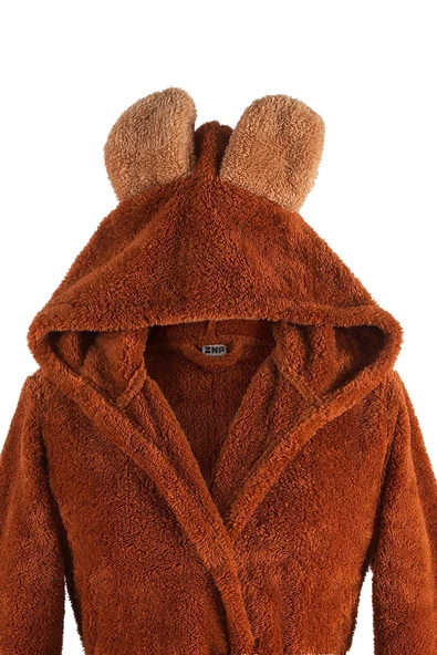 Fleece | Kapşonlu Wellsoft Peluş Sabahlık | Robdeşambr |  Bornoz Kahve - 2