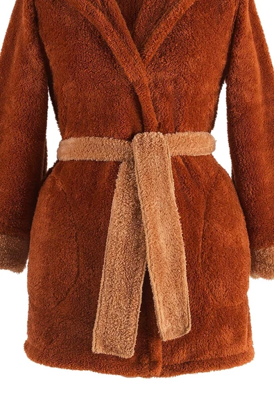 Fleece | Kapşonlu Wellsoft Peluş Sabahlık | Robdeşambr |  Bornoz Kahve - 3