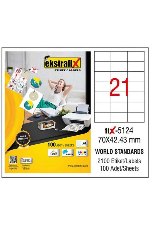 Ekstrafix Laser Etiket 70 x 42.43 MM Lazer Yazıcı Etiketi 100 Yaprak ürün görseli 1