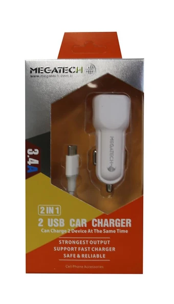 Megatech T05 2Usb 3.4A Beyaz Araç Çakmaklık Şarj Cihazı