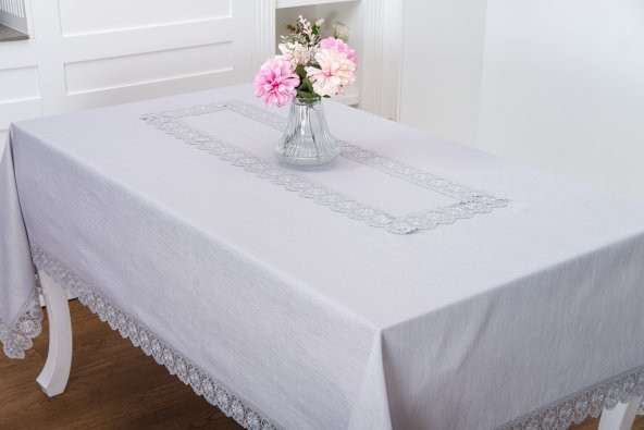 Finezza Jena Lüx Dantelli Simli Keten Kumaş Gri Masa Örtüsü  160x220 cm -1470 - 4