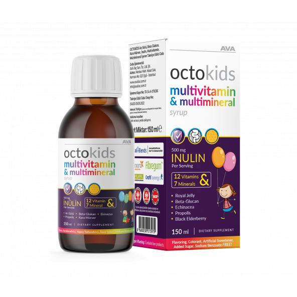 Octokids - İnülin, Propolis, Arı Sütü, Kara Mürver, Ekinezya, Betaglukan (12 Vitamin & 7 Mineral) 150 ml Şurup