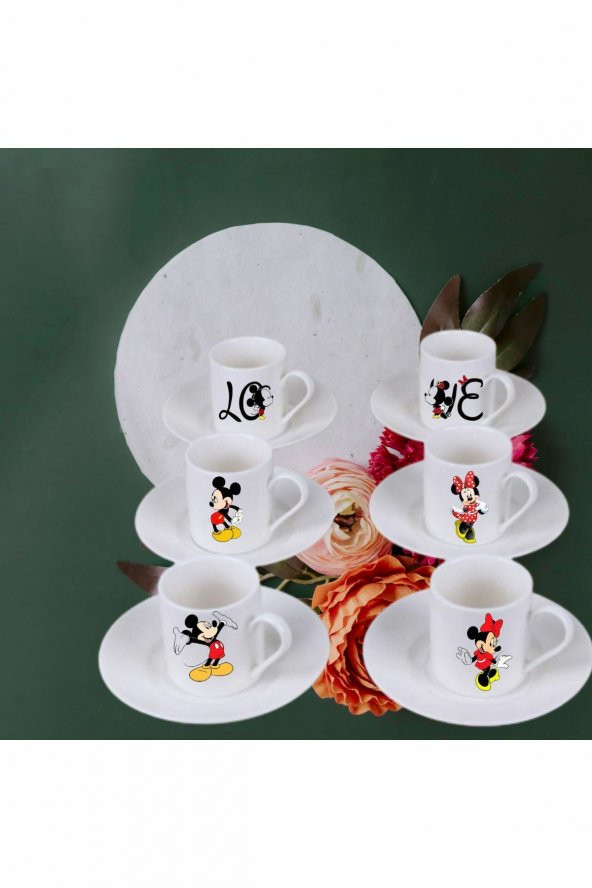 love  minnie mouse  tasarımlı  baskılı 6 lı türk kahve fincan takımı