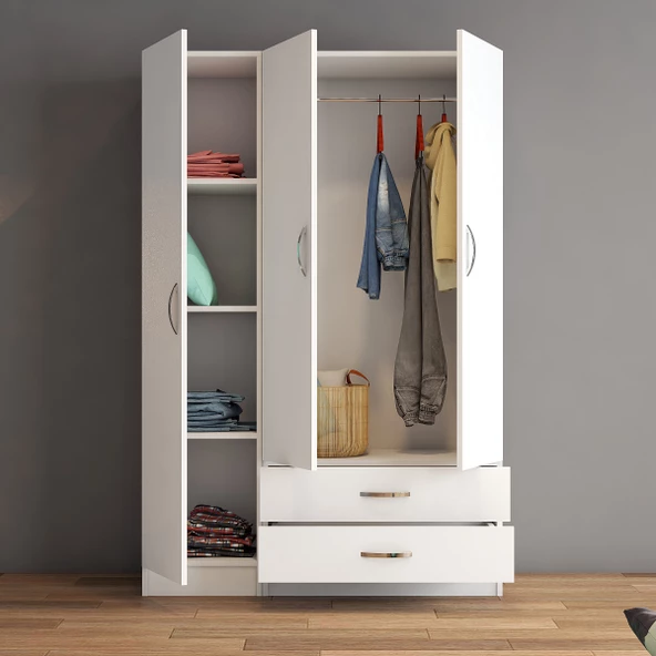 3 Kapılı İki Çekmeceli Geniş Gardrop Beyaz - GRD0501 - 3