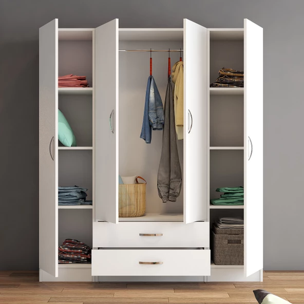 4 Kapılı İki Çekmeceli Geniş Gardrop Beyaz- GRD0601 - 3