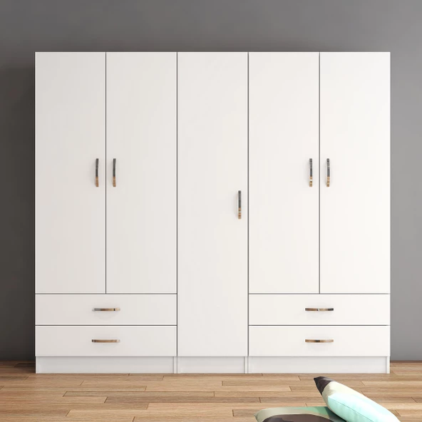 5 Kapılı Dört Çekmeceli Geniş Gardrop Beyaz- GRD0701 - 2