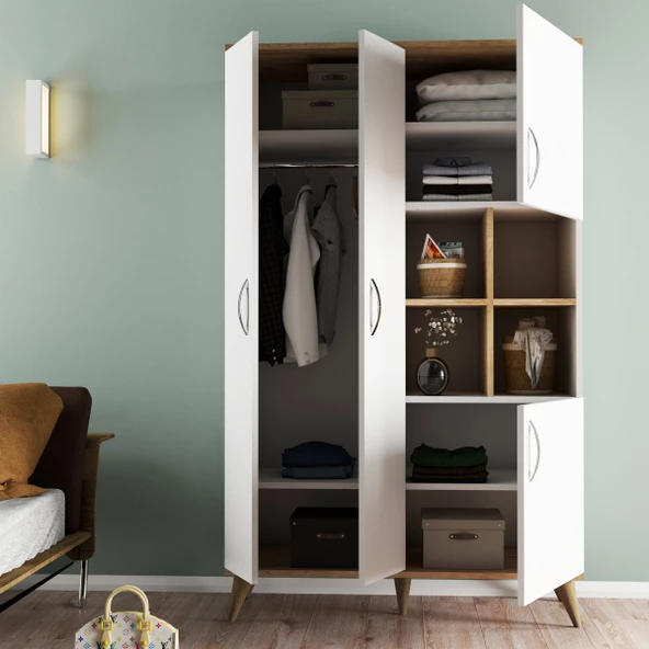 Maxi 4 Kapaklı Askılıklı Raflı Çok Amaçlı Dolap Beyaz-Çam - GRD0103 - 3