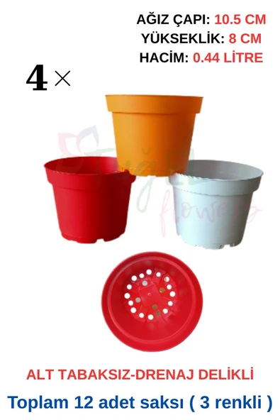 Tuğel Flowers 12 Adet 3 Renkli Plastik Saksı (10.5 CM.LİK) Alt Tabaksız - 1