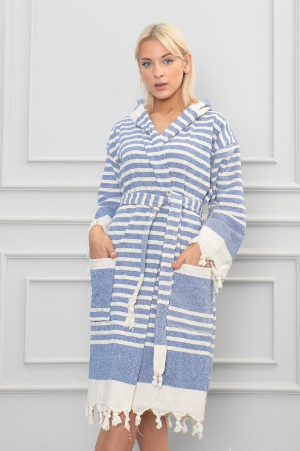 Semecca Peştamal Püskül Detaylı Kapüşonlu Unisex Bornoz - 6