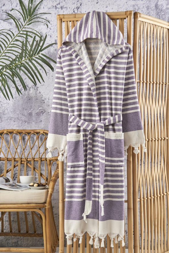 Semecca Peştamal Püskül Detaylı Kapüşonlu Unisex Bornoz - 7