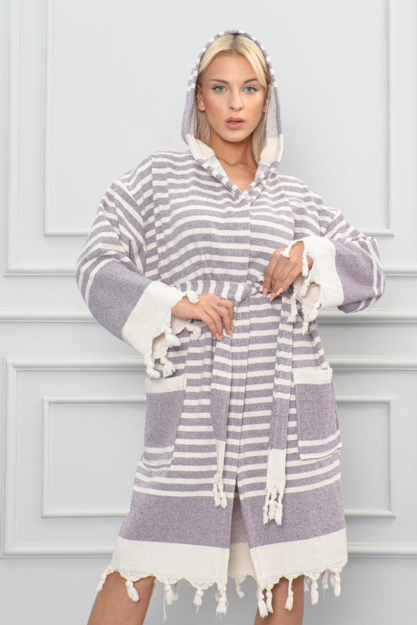 Semecca Peştamal Püskül Detaylı Kapüşonlu Unisex Bornoz - 9