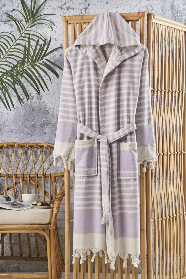 Semecca Peştamal Püskül Detaylı Kapüşonlu Unisex Bornoz - 10