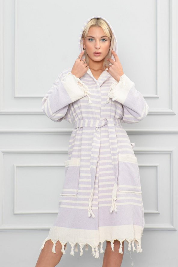 Semecca Peştamal Püskül Detaylı Kapüşonlu Unisex Bornoz - 12