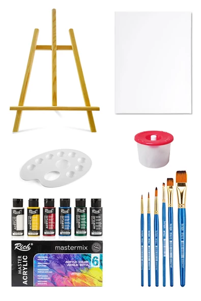 Mastermix Akrilik Boya Seti 60 cc 6 Ana Renk Tuval Seti 25x35 Tuval Mini Şövale Seti