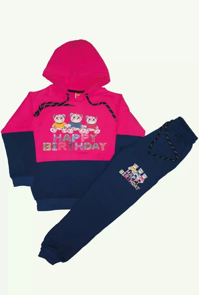 Happy Birthday Yazı Desenli Fuşya Kız Çocuk Takım - 3