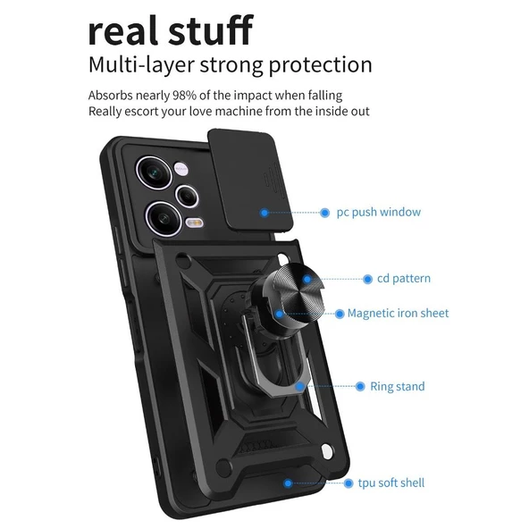 Gpack Xiaomi Redmi Note 12 5G Kılıf Sert Silikon Tank Aramid Sürgülü Vega Yüzüklü - 3