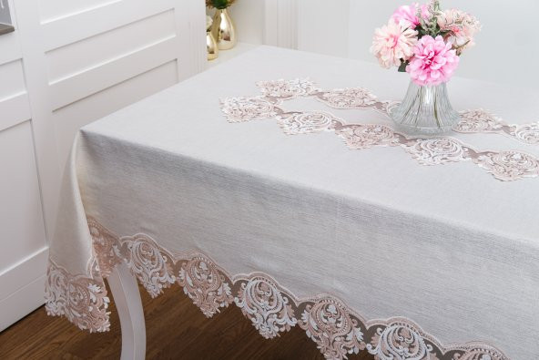 Finezza Laura Lüx Dantelli Simli Keten Kumaş Bej Masa Örtüsü  160x220 cm-1474 - 2