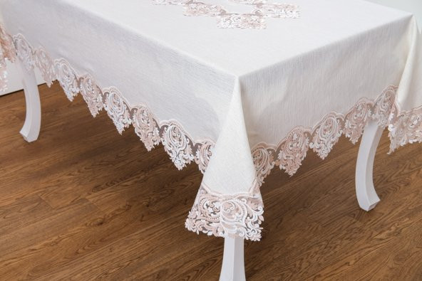Finezza Laura Lüx Dantelli Simli Keten Kumaş Bej Masa Örtüsü  160x220 cm-1474 - 4
