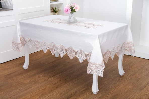 Finezza Laura Lüx Dantelli Simli Keten Kumaş Krem Masa Örtüsü  160x220 cm-1473
