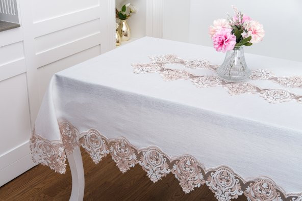 Finezza Laura Lüx Dantelli Simli Keten Kumaş Krem Masa Örtüsü  160x220 cm-1473 - 2