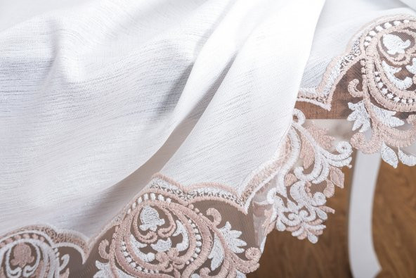 Finezza Laura Lüx Dantelli Simli Keten Kumaş Krem Masa Örtüsü  160x220 cm-1473 - 5