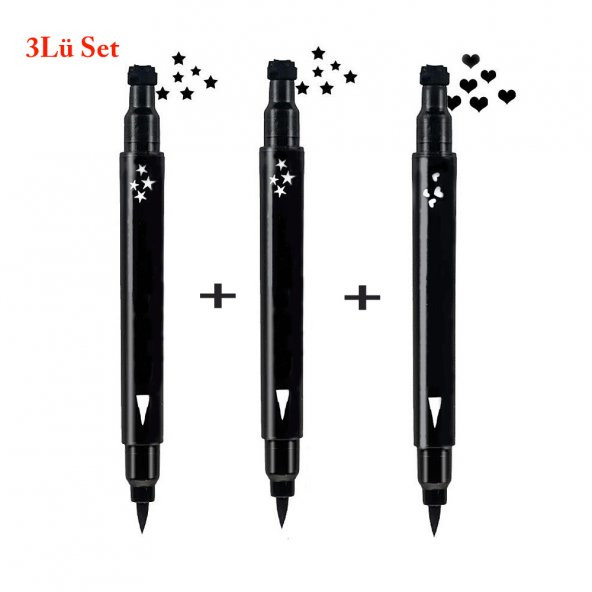 Çift Uçlu Eyeliner  İki Yıldız + Kalp  Desenli 3Lü Mega Set