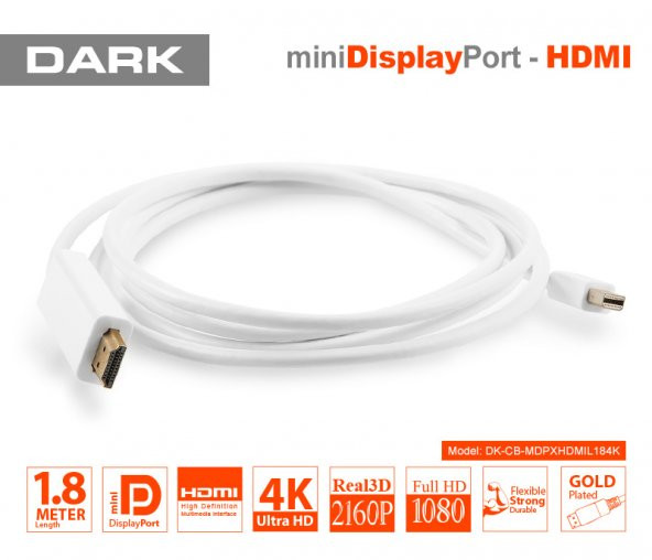Dark DK-CB-MDPXHDMIL184K 1.8 Mt mini DISPLAY PORT to HDMI 2160P 4K Dönüştürücü Kablo