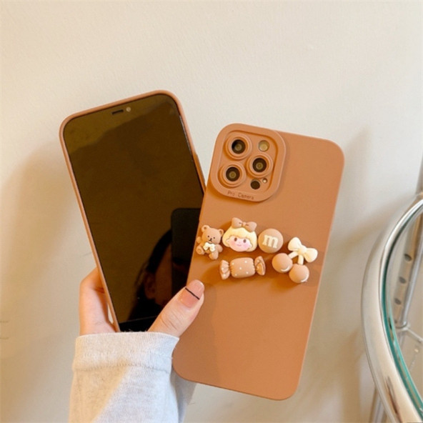Bagies iPhone 14 Pro Max Ayıcıklı Şeker Kahverengi Kabartmalı Silikon Kılıf