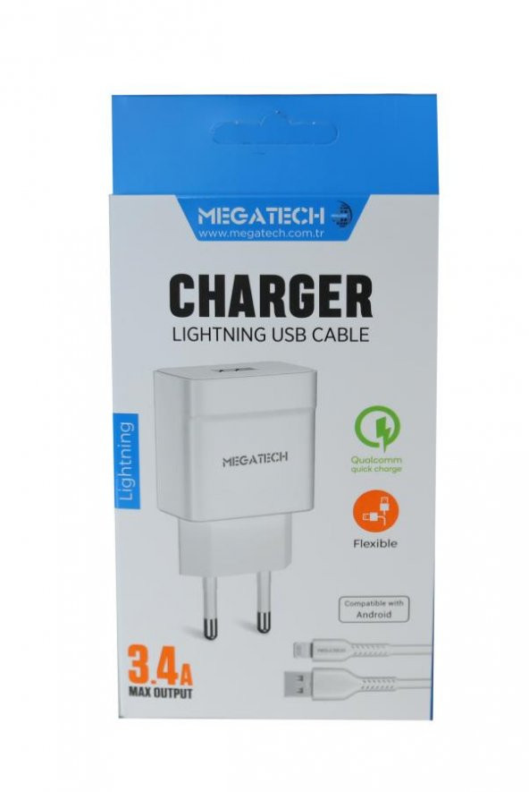 Megatech CC-03 (MT-Cl34) 3.4A Lightning Usb Kablo + Ev Şarj Adaptörü Hızlı Şarj