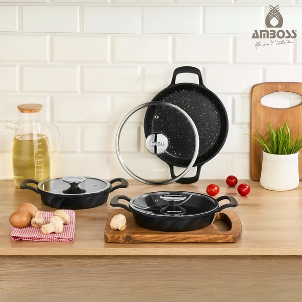 Amboss Kuvars Cam Kapaklı 6 Parça Döküm Sahan Seti ürün görseli