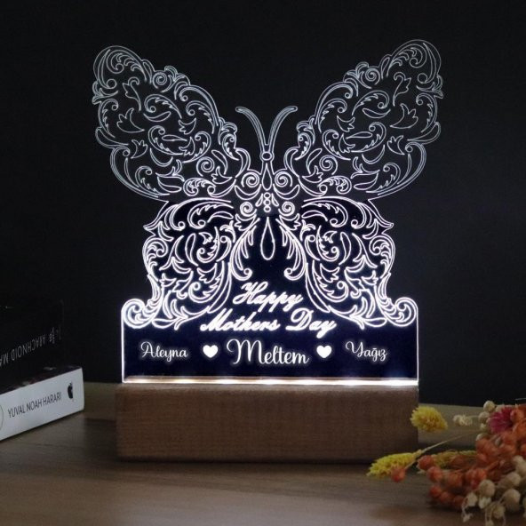 Veraart Kelebek Desenli Happy Mothers Day Işıklı Pleksi Kişiye Özel Gece Lambası Anneler Günü Hediyesi