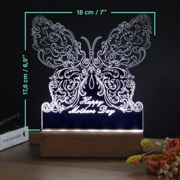 Veraart Kelebek Desenli Happy Mothers Day Işıklı Pleksi Kişiye Özel Gece Lambası Anneler Günü Hediyesi - 4