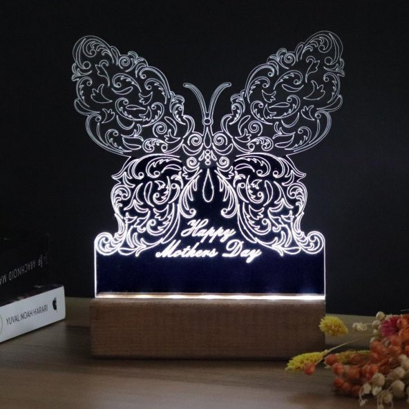Veraart Kelebek Desenli Happy Mothers Day Işıklı Pleksi Kişiye Özel Gece Lambası Anneler Günü Hediyesi - 5
