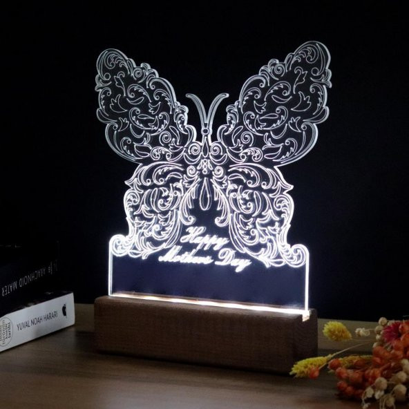 Veraart Kelebek Desenli Happy Mothers Day Işıklı Pleksi Kişiye Özel Gece Lambası Anneler Günü Hediyesi - 6
